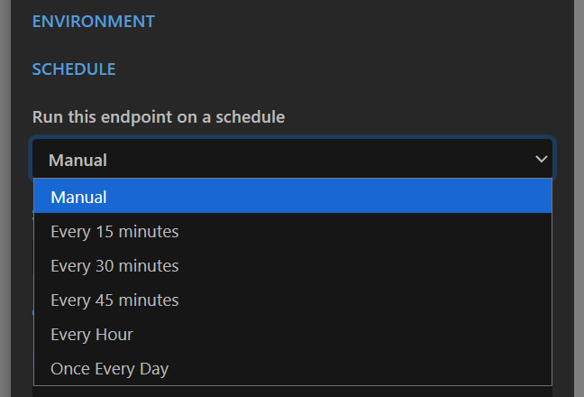 Schedule options for an automation endpoint: Manual, every 15, 30 or 45 minutes, every hour, once every day