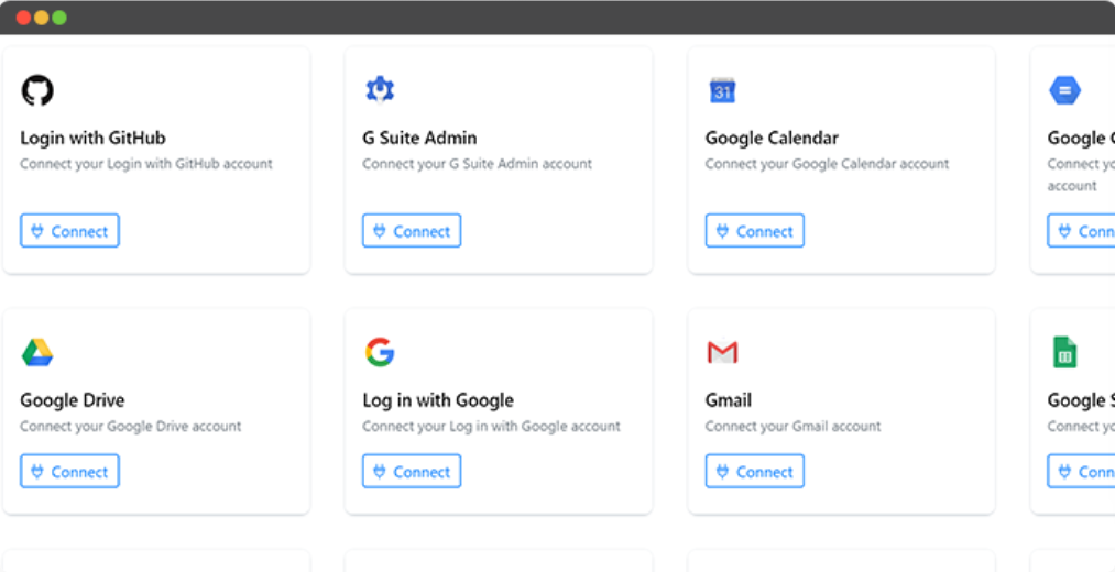 Connection cards for GitHub, G Suite Admin, Google Calendar, Google Drive, Google and Gmail, each with a Connect button